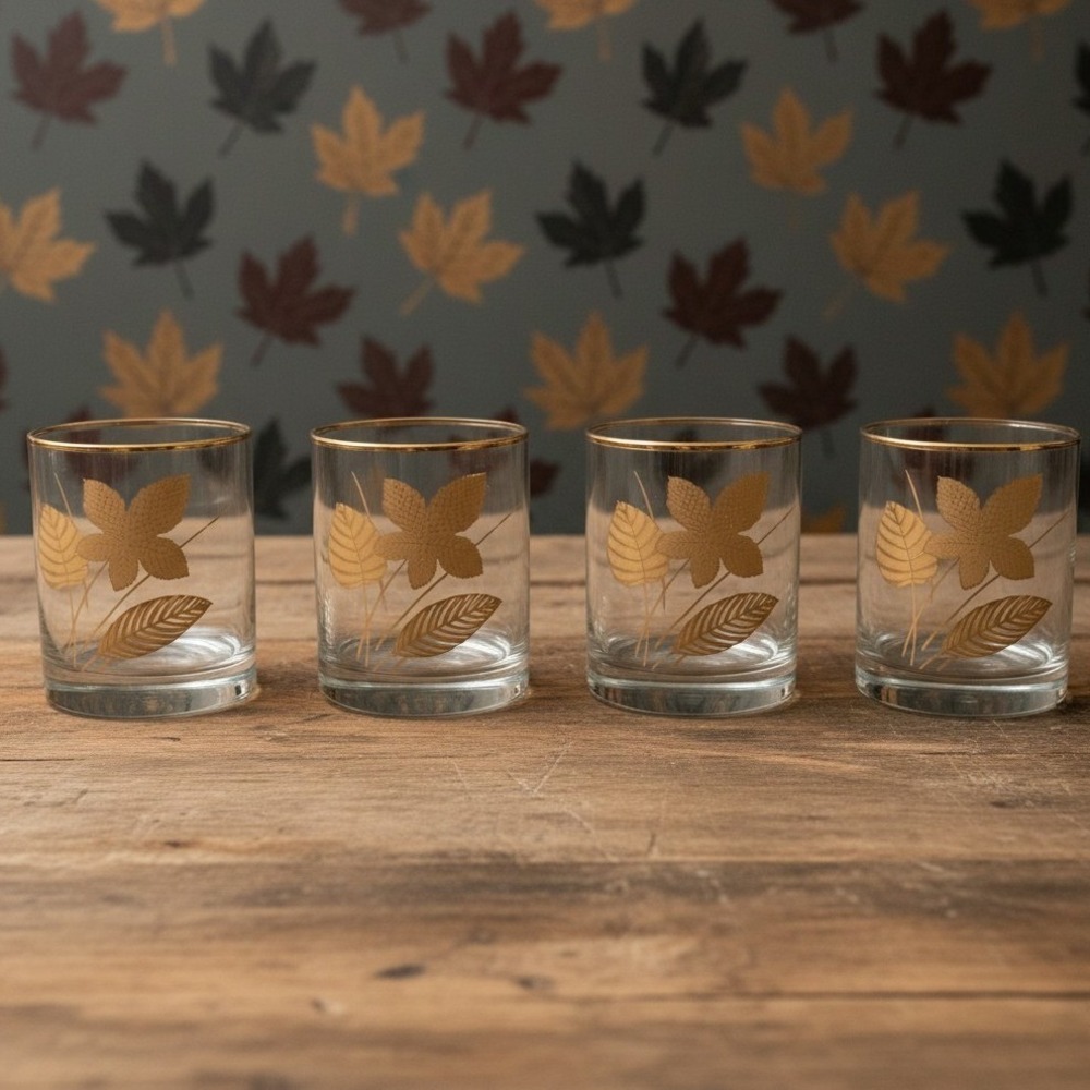 Libbey Maple Leaf Lowball Glasses, Set of 4, Vtg Replacement Barware, Drinkware